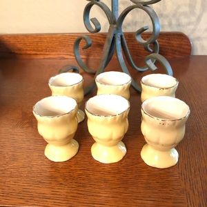 Six 6 vintage egg cup set yellow with gold trim Easter